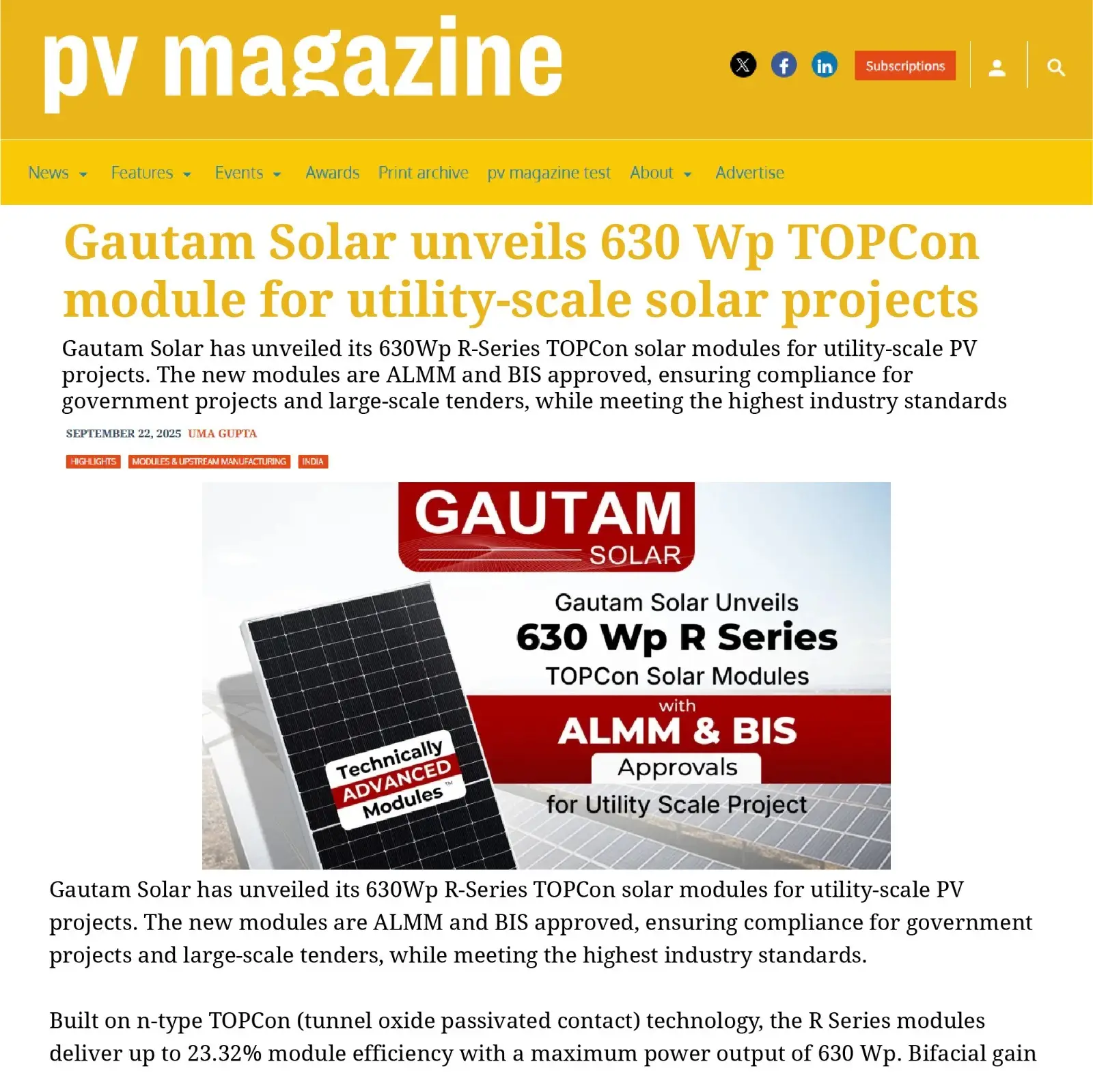 Gautam Solar unveils 630 Wp TOPCon module for utility-scale solar projects